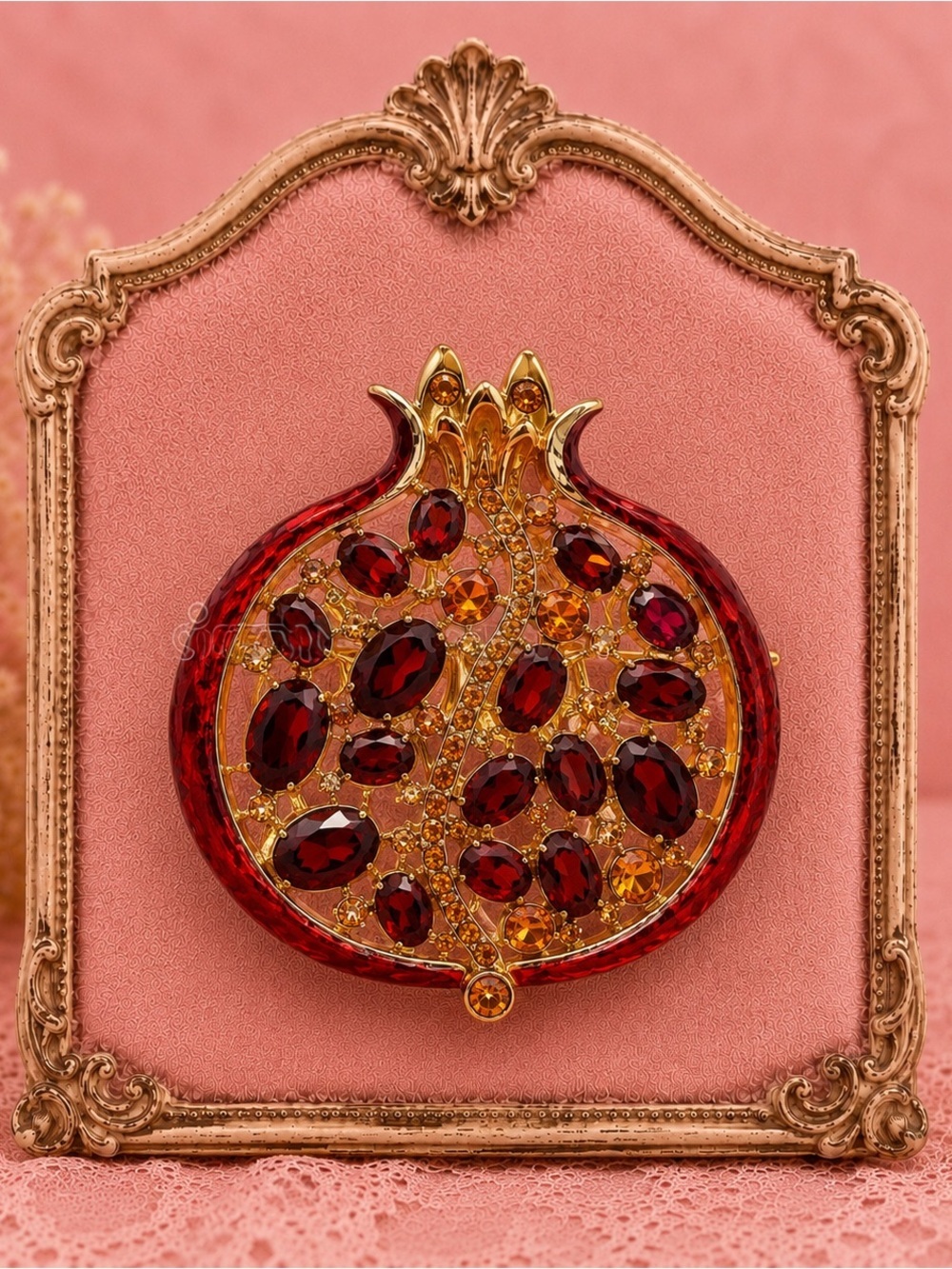 Ruby Red Pomegranate Gold Brooch